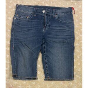 True Religion Unisex 32 Denim Shorts Blue Cut Off Red Stitch Big T Y2K